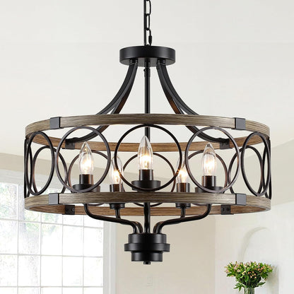 Rustic Drum Chandelier, 5-Light Black and Imitation Wood Farmhouse Ceiling Light Fixture, round Wood Grain Finish, Adjustable Height, for Dining Room, Hallway1