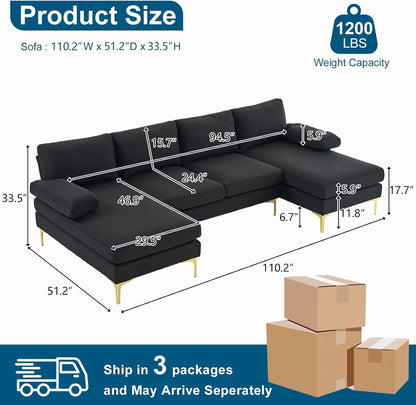110" Modern Sectional Couch with 51" D Double Chaise, Black Deep Seat U Shaped Couch with Removable Pillows & Metal Legs, Comfy 4-Seat Sofas for Living Room, Linen Fabric2