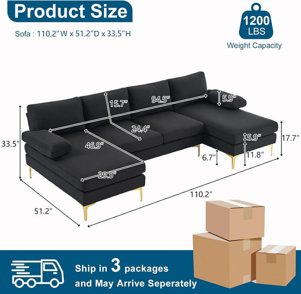 110" Modern Sectional Couch with 51" D Double Chaise, Black Deep Seat U Shaped Couch with Removable Pillows & Metal Legs, Comfy 4-Seat Sofas for Living Room, Linen Fabric2