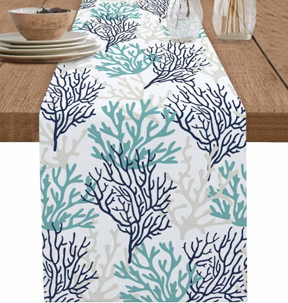 Tropical Coral Cotton Linen Rectangle Table Runners, Summer Coastal Kitchen Table Cloth Scarves, Beach Seaside Nautical Luxury Coffee Table Runner (Teal Blue Grey Coral,13X120 Inch)1
