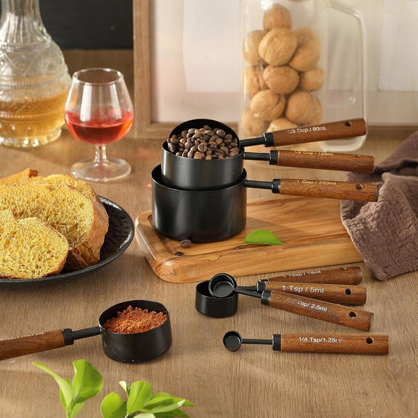 8PCS Measuring Cups and Spoons Set, DV Stainless Steel Measuring Cups with Ergonomic Wooden Handle for Cooking & Baking8