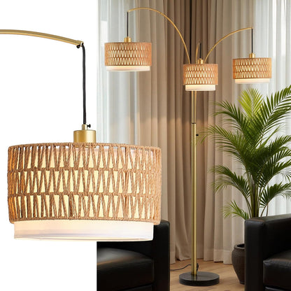 80'' Gold Rattan Arc Floor Lamp for Living Room, 3-Light Boho Tree Lamp | Heavy Natural Marble Base, 1/2/3-Light Rotary Switch,Double-Layer Wicker/Fabric Shades for Reading Corners,8 Ft+ Ceilings1