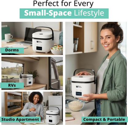 Rice Robot Personal Rice Cooker, Pfas-Free, Nonstick. 1 Quart Capacity, with Stainless Steel Steamer Tray, Measuring Cups, Recipe Book with 60 Recipes, and Serving Spoon, as Seen on TV3