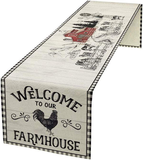 Vintage Farm Table Runner, Farmhouse Animal Barn Checked Pattern Print Table Runner for Kitchen Dinning Table Decor Home Party Holiday, 13X36 Inch1