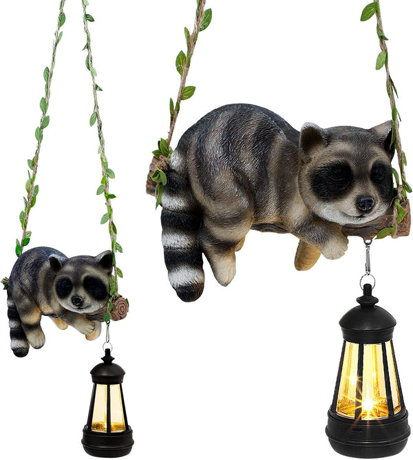 Solar Lighted Garden Outdoor Statue, Hanging Swing Raccoon Style1