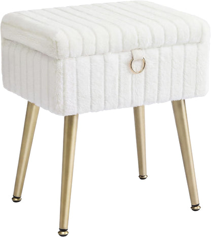 SONGMICS Vanity Stool Chair Faux Fur with Storage, Vanity Bench, Metal Legs, Adjustable Feet, for Living Room, Bedroom, Makeup Room, Cream White ULOM505WZ021