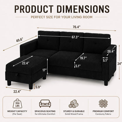 77" L-Shaped Corduroy Sectional Sofa with Storage Ottoman, Black2
