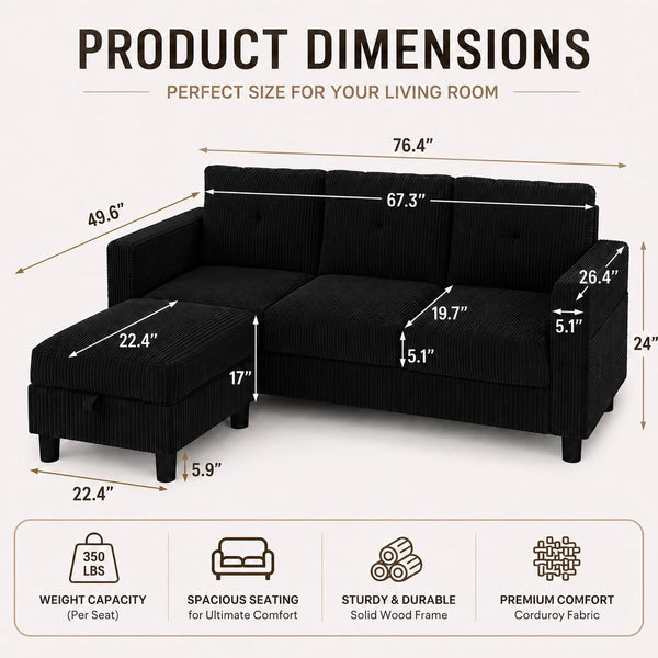 77" L-Shaped Corduroy Sectional Sofa with Storage Ottoman, Black2
