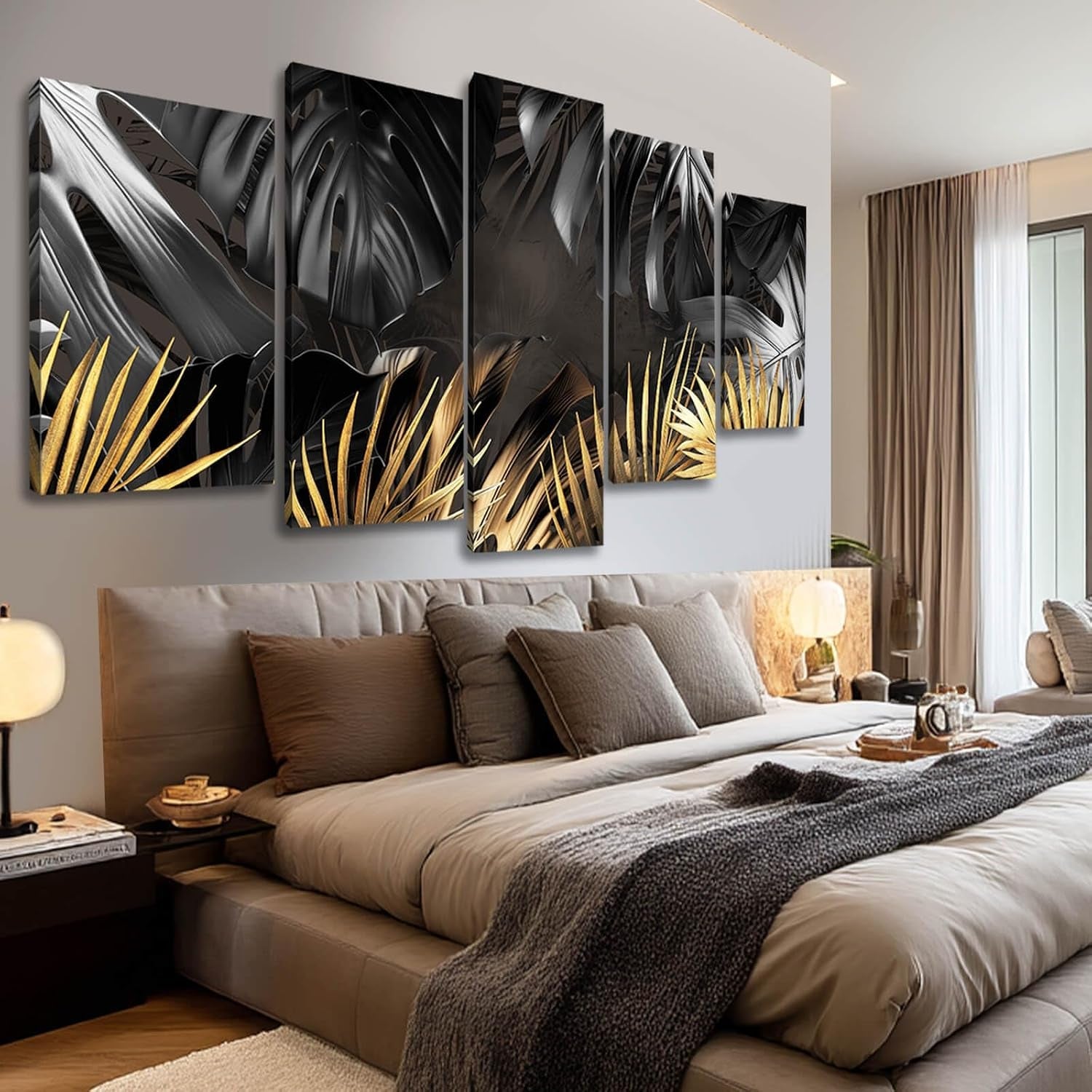 black-and-gold-leaves-painting-wall-decor-for-living-room-nature-canvas-art-modern-artwork-framed-prints-for-home-bedroom-picture-poster-5-pieces-ready-to-hang-12x20x2pcs-12x28x2pcs-12x32