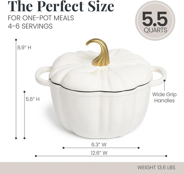 5.5 Qt Pumpkin Enameled Cast Iron Dutch Oven Pot, White | Pumpkin Cocotte for Soups, Stews, Braising & Sourdough Bread Baking. Oven Safe to 500°F. Induction Compatible.3