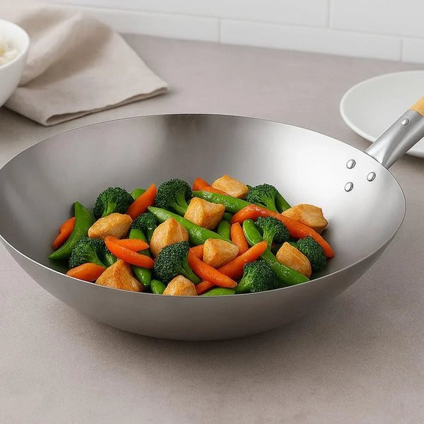 '- 14” Carbon Steel Wok Pan with Wooden Handle- Chinese Wok Pan Stir-Fry Pans Cookware Saute Pan Ideal for Stovetop Cooking Home Kitchen Restaurant2