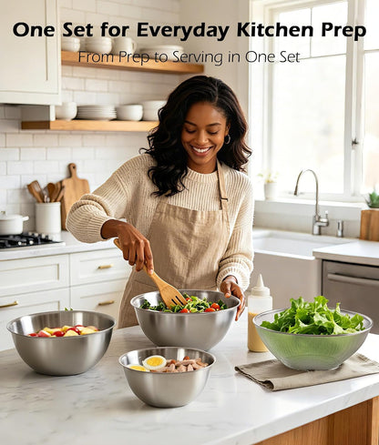 Stainless Steel Mixing Bowls Set of 4 with Colander, Nesting Metal Kitchen Bowls with Measurement Marks for Mixing, Prep, Salad & Baking, Dishwasher Safe2