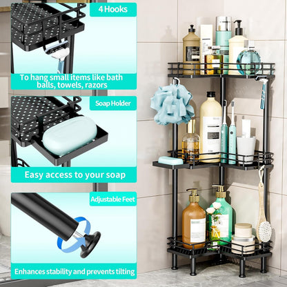 Corner Shower Caddy Standing - 3 Tier Shower Organizer Corner with Soap Holder, Rustproof Bathroom Standing Organizer with 4 Hooks, Black2