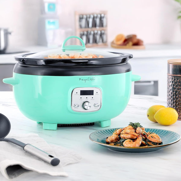 6.9 Quart Oval Electric Slow Cooker, Removable Ceramic Pot, 3 Heat Settings, Kitchen Appliance, Countertop Cooker (Turquoise)5