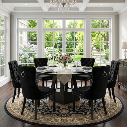 47" Black round Dining Table Set for 6, round Dining Room Table Set for 6 with Tufted Nailhead Chairs, Arched Pedestal Base, Modern Farmhouse Dining Table Set for Kitchen & Entertaining1