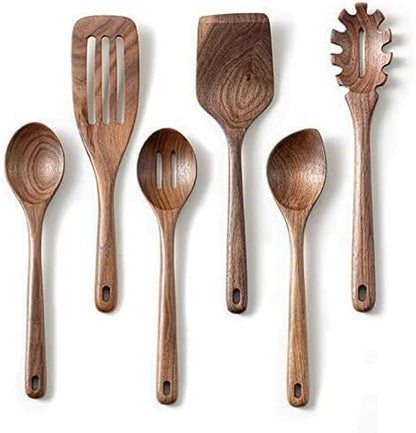 12 Inch Black Walnut Wooden Spoons for Cooking, 6 PCES Long Handel Wooden Spoons, Natural Black Walnut Wooden Utensil for Cooking, Wooden Kitchen Utensil Set2