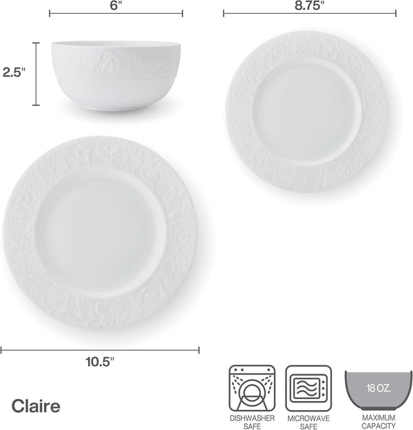 Claire Floral Bone China Lightweight Chip Resistant 12 Piece Dinnerware Set, Service for 4, White3