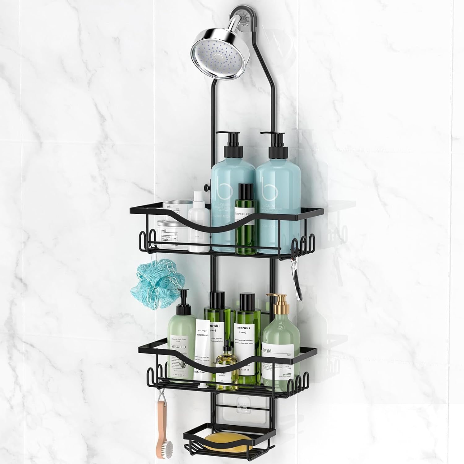 adjustable-shower-caddy-hanging-rustproof-shower-organizer-black