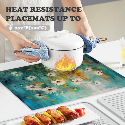 Retro White Daisy Placemats Set of 6 Linen Heat Resistant,Floral Modern Art Table Mats Washable Rustic Place Mats Decoration for Home Kitchen Dining Room Party 12X18 Inch4