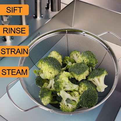 3 Pack 18/8 Stainless Steel Colander Sieves(5-Quart, 4-Quart and 3-Quart), Mesh Strainer Net Baskets with Handles & Resting Base for Strain, Drain, Rinse or Steam6