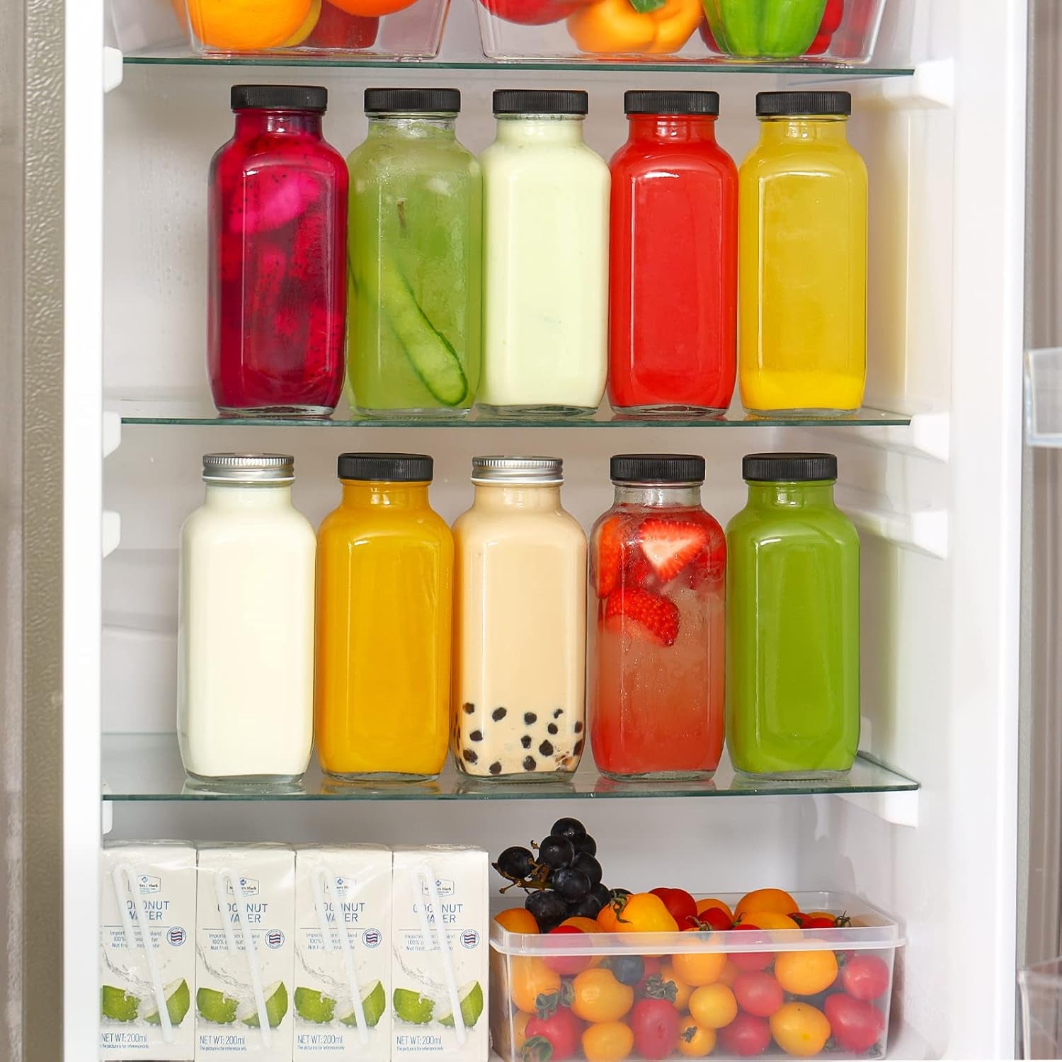 10pcs-16oz-glass-juice-bottles-with-lids-reusable-juice-containers-drinking-jars-water-cups-with-brush-glass-straws-lids-with-hole