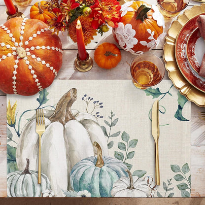 Fall Thanksgiving Placemats Set of 6 Pumpkin Table Mats for Kitchen Dining Table, Farmhouse Heat-Resistant Cotton Linen Place Mats for Indoor Outdoor Parties Holiday Decoration, Teal Grey White2
