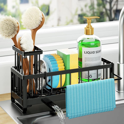 Sponge Holder for Kitchen Sink - Self-Draining Sink Caddy with Brush and Dishcloth Holders, Stainless Steel Kitchen Countertop Organizers and Storage Essentials - Black1