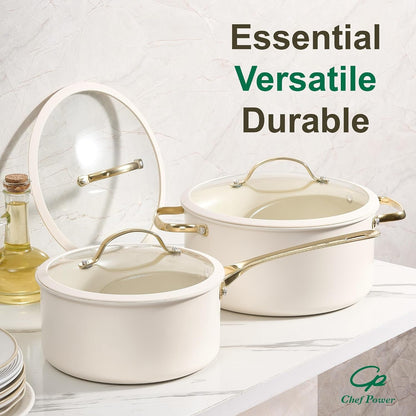 Ceramic Cookware Sets, 15Pcs Pots and Pans Set Non Stick, Cookware Set with Stainless Steel Handle, Dishwasher & Oven Safe, Cream White and Light Gold Handle7