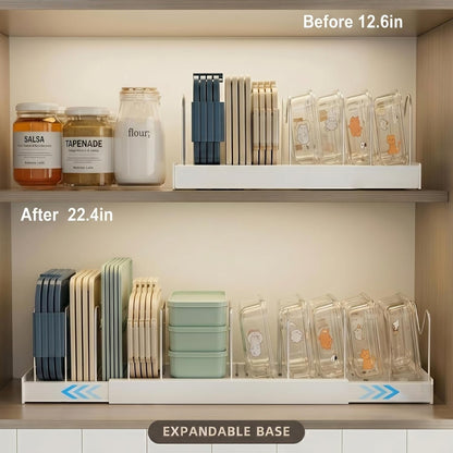 2 Pack Expandable Food Storage Container Lid Organizers, 22" Pots and Pans Organizer under Cabinet with 9 Adjustable Dividers Pot and Pan Lid Holders Rack inside Cabinet(White)3