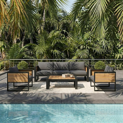Large 4-Piece Outdoor Patio Furniture Set for 5 Person, 3-Seater Sofa, 2 Armchairs with Fold-Out Side Tables, Aluminum Frame & Plastic-Wood, Modern Garden/Patio Seating, Grey Cushions6