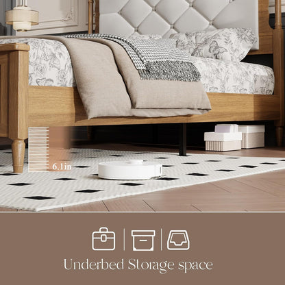 57" Tall Full Size Wood Bed Frame with Upholstered Headboard, Brown4