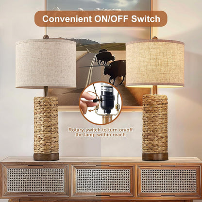 27.5'' Tall Natural Rattan Table Lamps Set of 2, Hand - Woven Wicker Lamp with Linen Shade, Rustic Coastal Boho Style Table Lamps for Bedroom, Living Room, Home Decor5