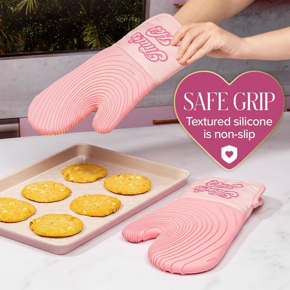 Oven Mitt Set with Iconic That'S HOT Design, Heat Resistant Pot Holders Featuring Non-Slip Textured Silicone Grips, 2-Piece Set, Pink5