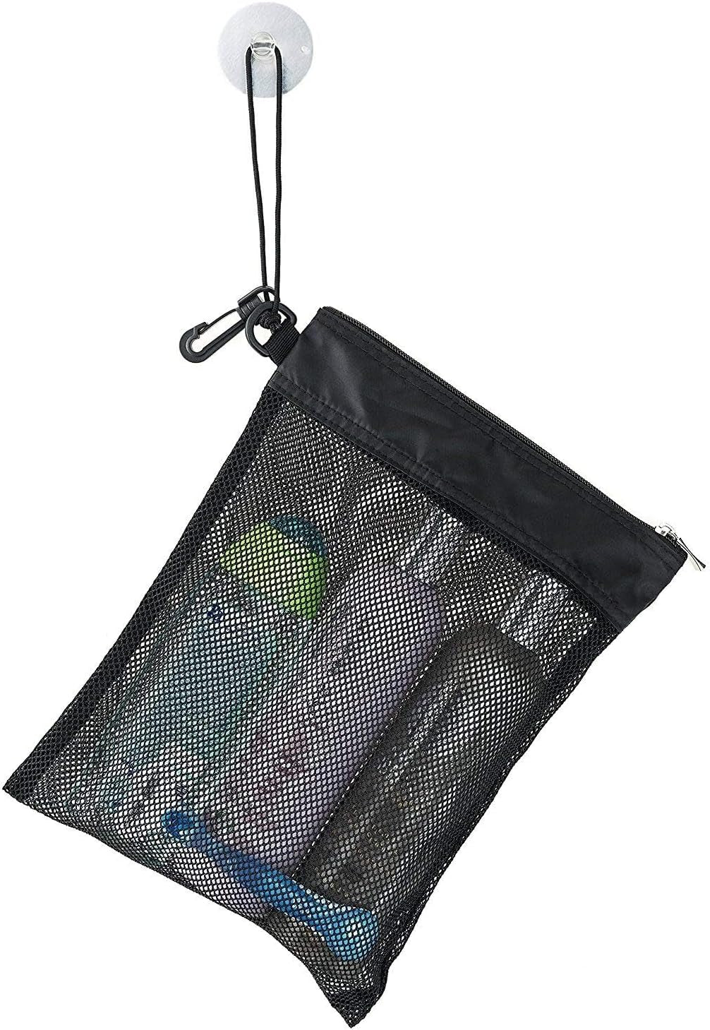 shower-bag-tote-mesh-caddy-toiletry-organizer-12-l-x-9-w-compact-and-lightweight-with-suction-cup-cord-for-hanging-zipper-and-drawstring-pouch-14-l-x-10-w-black