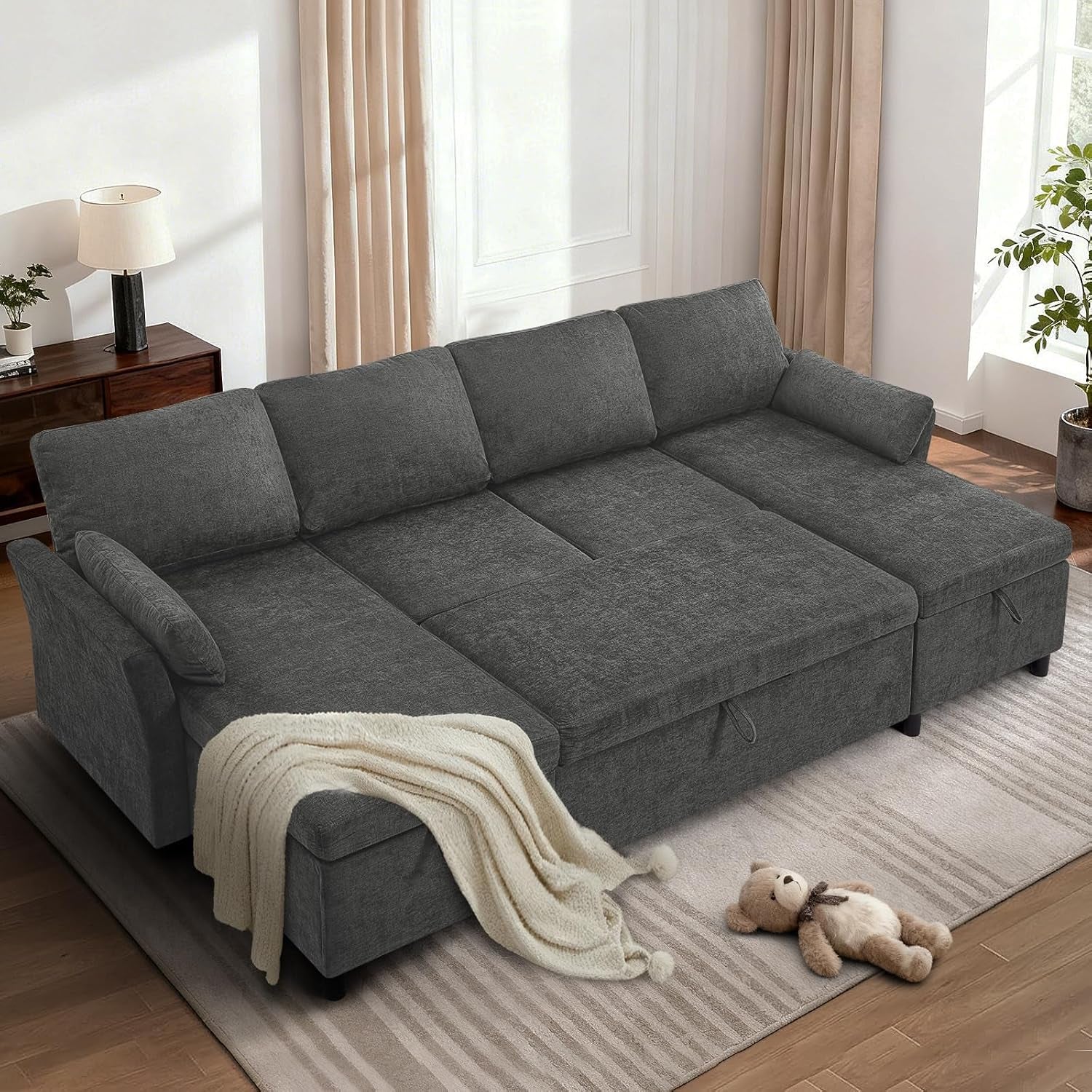 107-inches-chenille-sectional-sofa-with-pull-out-sofa-bed-grey