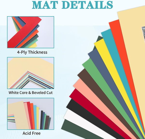 12 Packs Mixed Colors 8X10 Picture Frame Mats for 5X7 Photos, Artworks and Prints, White Core Bevel Cut Frame Mattes3