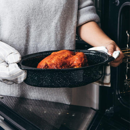 13" Oval Roaster with Lid – Enameled Steel, Oven Safe to 932°F – Ideal for Roasting, Baking & Sourdough Bread – Self-Basting Cover, Dishwasher Safe, 7 Lb Capacity | Oval Roaster Capacity, Roasts up to 7 Lb Poultry or Meat, Covered Cooking for Larger Meals, Speckled Black Steel Construction4