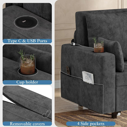 3 in 1 Pull Out Couch, 56 Inch Convertible Sleeper Sofa Bed, Loveseat Sofa Couch with Cup Holders, USB & Side Pocket, Modern Loveseat for Living Room, Bedroom, Includes Toss Pillows, Gray5