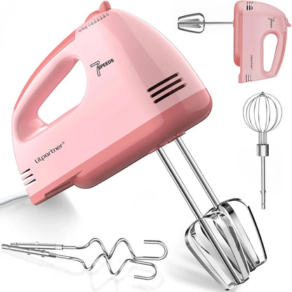 Hand Mixer Electric, Ultra Power Kitchen Hand Mixer with 7-Speed & 5 Stainless Steel Accessories for Whipping Dough, Cream, Cake, Dishwasher Safe, Light Pink1