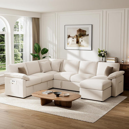 109" Modular Sectional Sofa with Pull Out Bed, L Sleeper Sofa, Beige2