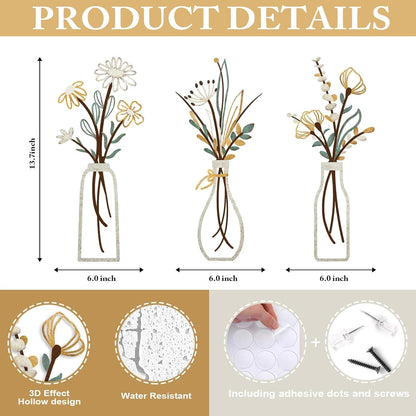 3 Pieces Metal Flowers Wall Art- Rustic Farmhouse Decor Minimalist Decor for Living Room Bathroom Bedroom Dining Room, Housewarming Gifts Christmas Decoration(Beige, Vase-C)2