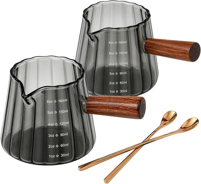 2 Pack Espresso Measuring Cups, 6 Oz Grey Glass with Wood Handles1
