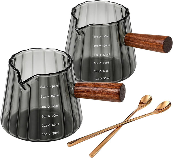 2 Pack Espresso Measuring Cups, 6 Oz Grey Glass with Wood Handles1
