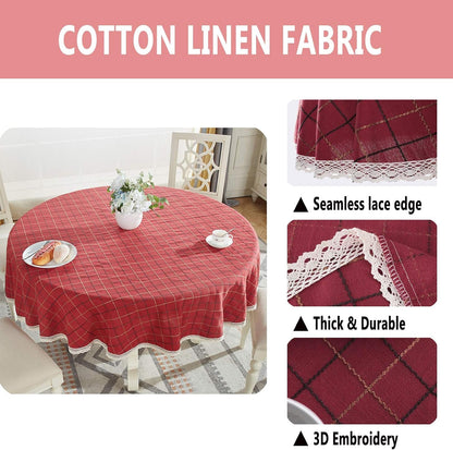 Heavy Weight Cotton Linen Tablecloth Lace Plaid round Table Cloth for Kitchen Dining Room Tabletop Decoration, 36" - Round, Red3