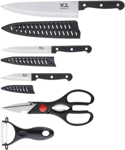 5 Pieces Kitchen Knife Set, Knife Set without Block with Sheathes, Stainless Steel Sharp Blade and Comfortable Handle, Chef Knife Set with Kitchen Scissors and Peeler for Cooking1