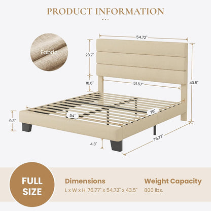 Full Platform Bed Frame with Upholstered Fabric Headboard, Beige2