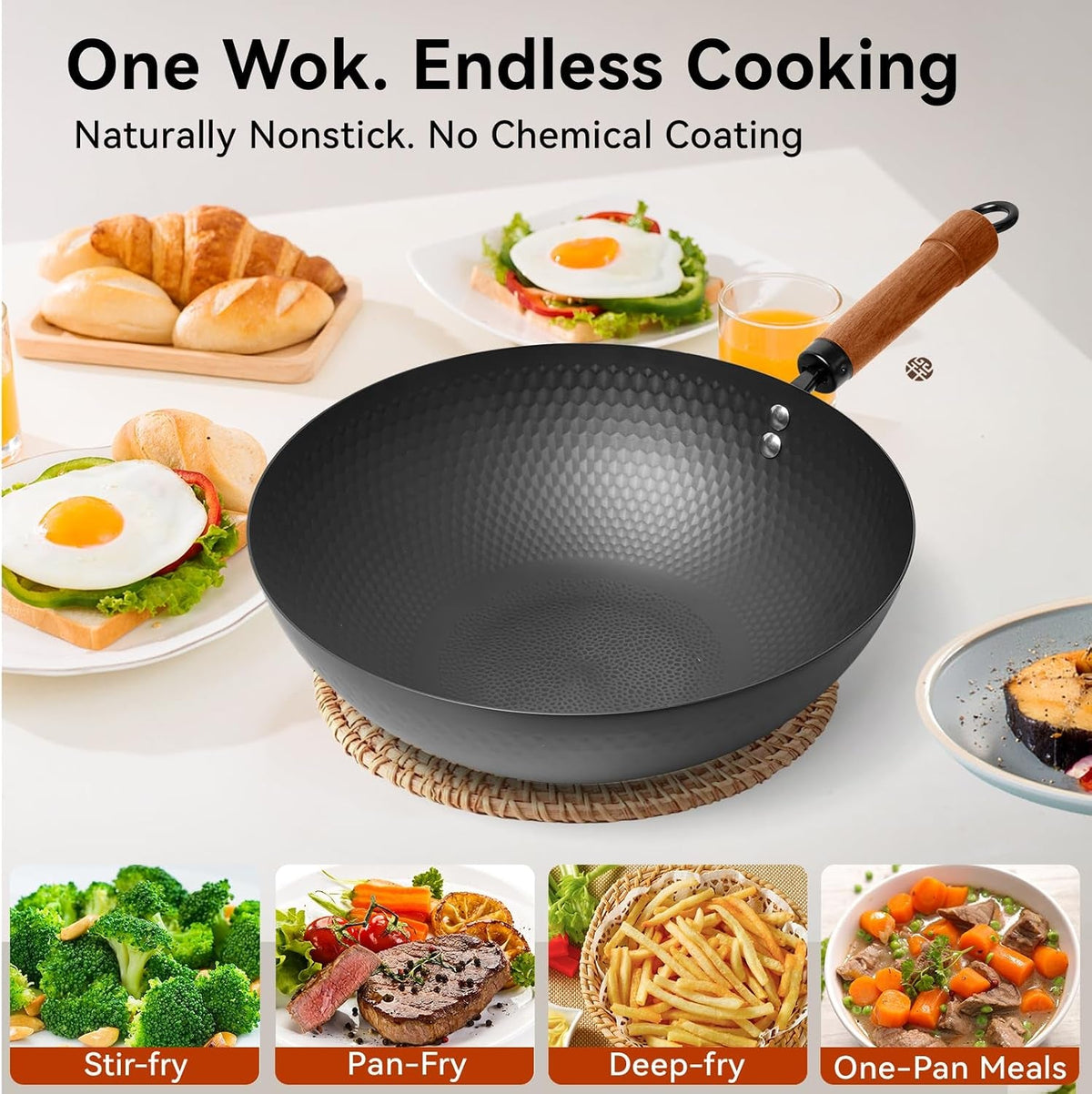 carbon-steel-wok-pan-with-lid-12-6-hammered-stir-fry-pan-thickened-heavy-duty-flat-bottom-wok-for-electric-induction-gas-stoves-detachable-wood-handle-no-chemical-coating-black