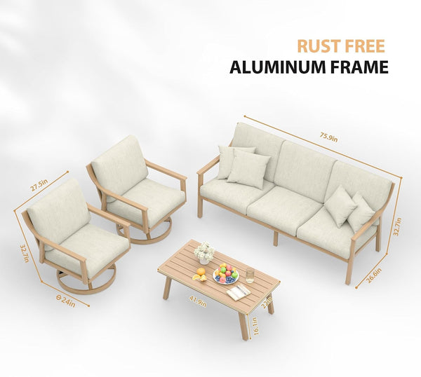4-Piece Outdoor Patio Furniture Set for 5, Aluminum Outdoor Conversation Set Includes 1 Three-Seater Sofa, 2 Swivel Chairs, and 1 Coffee Table, Perfect for Porch, Deck, Garden, (Beige)4