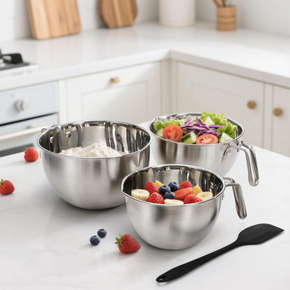 3 Pieces 304 Stainless Steel Mixing Bowls, 1.3/2.1/2.6 Quart Mixing Bowl Set with Handle, Pour Spouts & Measurement Marks, Metal Nesting Bowls with Silicone Spatula for Baking Cooking6