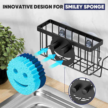 Sponge Holder for Kitchen Sink,Sink Caddy Smiley Face,4-In-1 Sponge Holder with Suction Cups & 1 PCS Adhesive Strips for Holding Soap,Brush,Scrubber,Sponge,Stopper-Black4